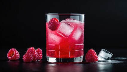 Wall Mural - Refreshing Raspberry Cocktail in Crystal Glass with Ice Cubes and Fresh Raspberries on Dark Background for Drink Presentation and Promotion.