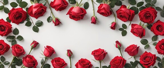 Poster - Red Roses Arrangement on White Background with Green Leaves and Space for Text Layout