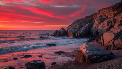 Canvas Print - Vibrant Red Sunrise Illuminating Rocky Beach with Gentle Waves and Dramatic Clouds Over Ocean Landscape