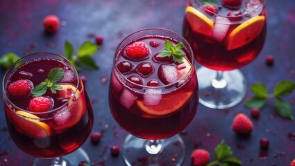 Wall Mural - Refreshing Red Wine Sangria in Elegant Glasses with Fresh Fruits and Mint on a Vibrant Background for Cocktail Promotion or Recipe Use