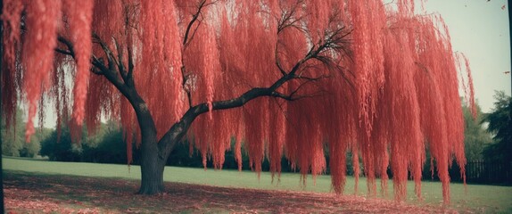 Wall Mural - Vibrant red weeping willow tree with cascading foliage creating a stunning landscape scene in a serene park setting.