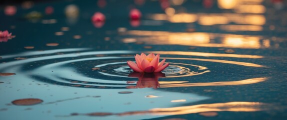Poster - serene pink lotus flower floating on water surface with gentle ripples and soft reflections of light