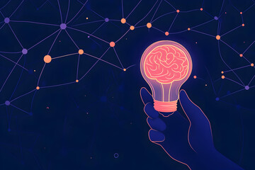 Poster - hand holding a glowing light bulb with a brain inside with dark blue background