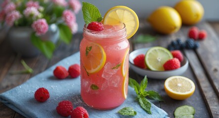 Wall Mural - Refreshing Fruit-Infused Summer Beverage with Lemon Mint Raspberries and Fresh Ingredients