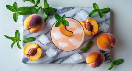 Wall Mural - Refreshing Summer Peach Drink with Ice Mint and Fresh Fruits on Marble Board Ideal for Non-Alcoholic Beverage Promotions and Recipes