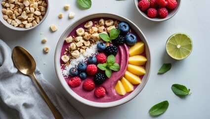 Poster - Vibrant Smoothie Bowl with Fresh Fruits and Toppings on a Light Background Space for Custom Text in Healthy Food Concept