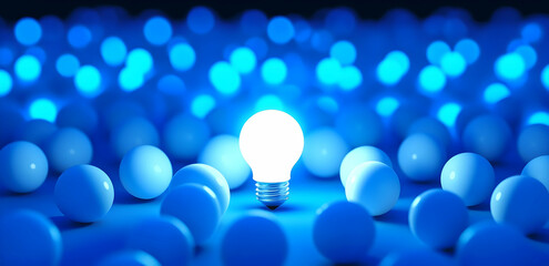 Poster - glowing light bulb standing out from the crowd of white bulbs on a blue background