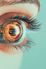 Poster - Close-up view of a human eye featuring a digital interface with glowing elements and intricate details, symbolizing advanced technology and innovation