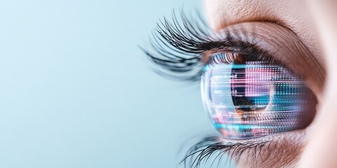 Poster - A close-up of an eye reveals a digital display within, featuring colorful graphics and patterns that represent advanced technology and modern vision