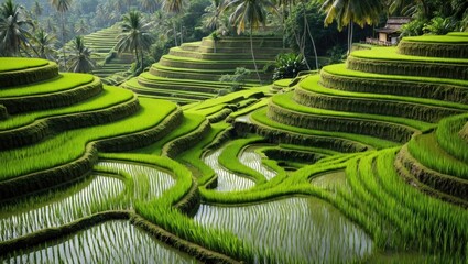 Wall Mural - Lush Green Rice Terraces with Water Reflections and Palm Trees Under a Clear Sky Perfect for Text Overlays and Travel Promotions