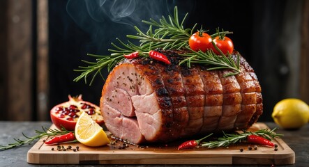 Wall Mural - Roast pork with herbs and vegetables on a wooden cutting board perfect for culinary presentations with space for text or branding.