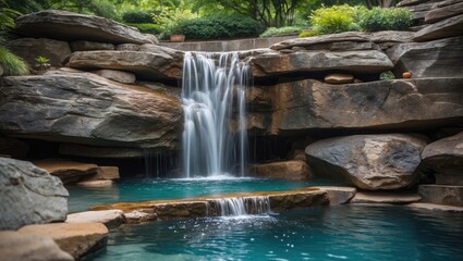 Wall Mural - Tranquil Rock Poolside Waterfall Surrounded by Lush Greenery and Natural Stone Features in a Serene Outdoor Setting