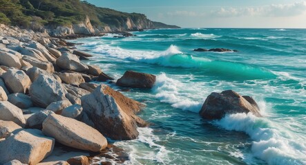 Poster - turquoise waves crashing on rocky shoreline at coastal beach with clear blue sky and space for text 