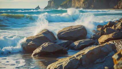 Poster - waves crashing against rocky shoreline with scenic coastal background and space for text overlay