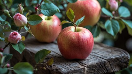 Sticker - Freshly picked red apples surrounded by roses on rustic wooden surface symbolizing nature's bounty and seasonal harvest beauty.