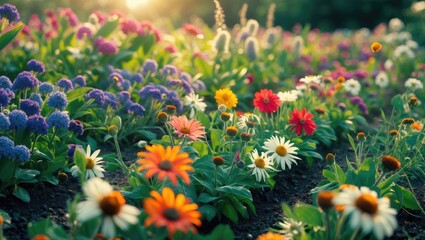 Poster - Vibrant Flower Garden Promoting Pollinator Health with Colorful Blooms and Empty Space for Text in Eco-Friendly Environment