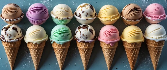 Wall Mural - Colorful assortment of ice cream scoops in cones arranged in a row on a blue background highlighting various delicious flavors.