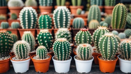 Poster - Assorted Cactus Species in Colorful Pots with Sharp Thorns and Lush Greenery Against a Neutral Background for Text Placement