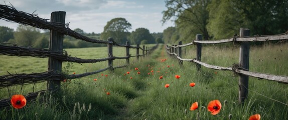 Wall Mural - Rural landscape featuring an old wattle fence alongside a lush green meadow adorned with vibrant red poppy flowers.