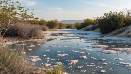 Poster - tranquil salt lake scene amidst lush vegetation reflecting serenity of nature and calm waters under 