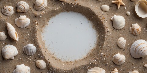 Poster - Seashells and Sand Composition with Blank Space for Text Overlay or Message in Coastal Setting