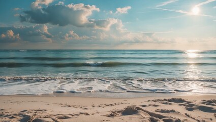 Canvas Print - Serene Tropical Beach with Soft Waves and Cloudy Sky Ideal for Summer Vacation and Travel Themes Featuring Space for Custom Text