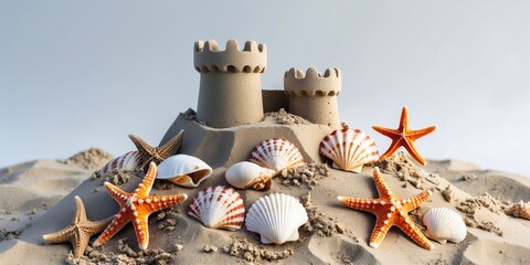 Poster - sand castle adorned with seashells and starfish on a white background symbolizing summer fun and cre
