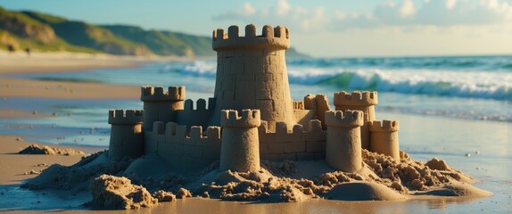 Poster - sandcastle on a beach with waves and scenic background capturing childhood joy and creativity in a h