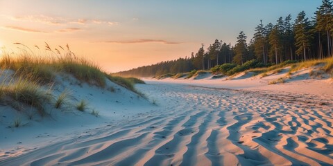 Poster - Serene Sandy Beach at Dawn Surrounded by Forest Dunes Evoking Feelings of Summer Relaxation and Natural Beauty with Space for Text