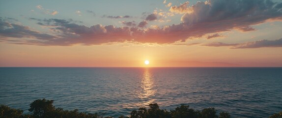 Canvas Print - Serene Sunset Over Calm Sea with Cloudy Sky Creating an Impressive Minimalist Landscape for Nature Background and Copy Space.