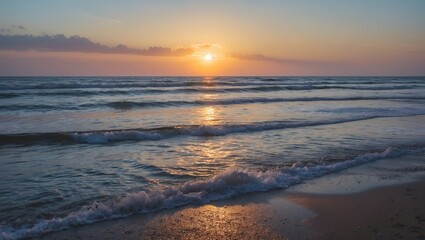 Wall Mural - Serene Sunrise Over Tranquil Beach Waves Reflecting Early Morning Light