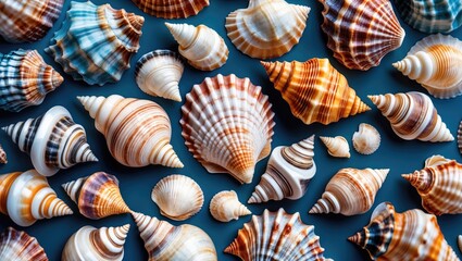 Poster - Seashells Flat Lay Pattern for Creative Designs Marine Textures Colorful Background for Advertising and Website Decoration