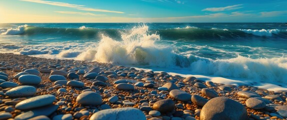 Poster - ocean waves crashing on pebble beach at sunset capturing nature's serenity and motion in slow motion