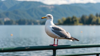 Poster - Seagull Standing on Green Railing with Scenic Lake and Mountains in Background Offering Space for Text or Graphics