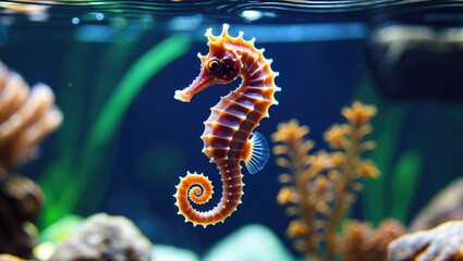 Poster - seahorse swimming gracefully in aquarium surrounded by vibrant plants and stones with space for text