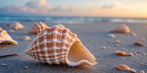 Poster - Seashells on a tranquil beach at sunrise with a serene ocean backdrop and ample space for text or design elements.
