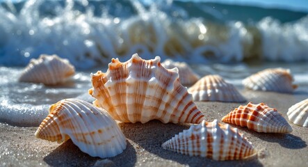 Poster - seashells on sandy beach shore with gentle ocean waves creating a serene coastal atmosphere in a sun