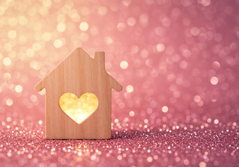 Poster - cute house with heart shaped window on spring background . Generative AI