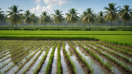 Wall Mural - Serene Rice Field with Palm Tree Reflections and Lush Greenery Ideal for Text Addition in Agricultural Concepts