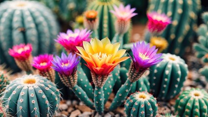 Poster - Vibrant Cactus Garden Featuring Colorful Blossoms With Soft Focus And Space For Text Display