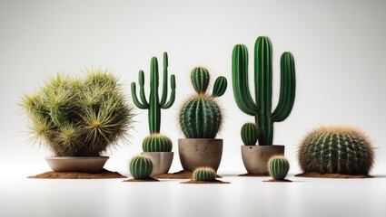 Poster - Assorted Cacti and Shrubs in Decorative Pots on a White Background with Natural Soil Accents for Gardening and Home Decor Themes