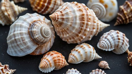 Canvas Print - Variety of Colorful Seashells including Cone Shells and Gastropods on Dark Background Showcasing Unique Patterns and Textures for Marine Decor