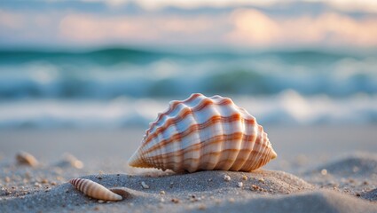 Poster - Seashell on Sandy Beach with Soft Ocean Waves Blurred in Background Creating Tranquil Coastal Scene and Room for Text Overlay