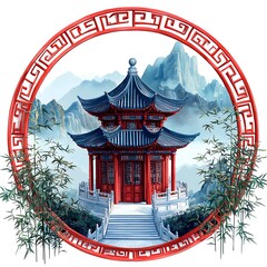 Wall Mural - Serene Chinese Pavilion in Mountain Landscape, Framed in Red