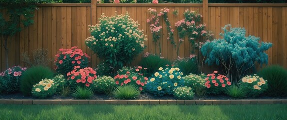 Wall Mural - Vibrant Flower Bed with Colorful Shrubs and Lush Lawn Near Wooden Panel Fence in Tranquil Garden Setting