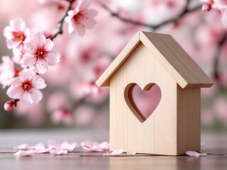Poster - cute house with heart shaped window on spring background . Generative AI