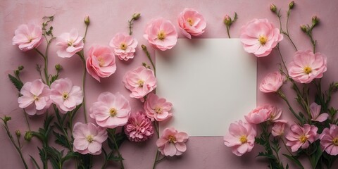 Canvas Print - Delicate pink flowers arranged elegantly around a blank space for text on a soft colored background ideal for invitations or announcements