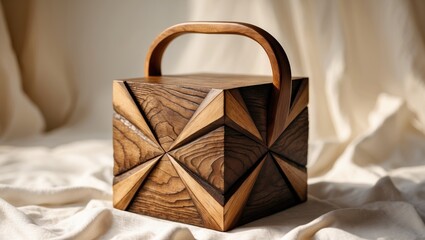 Poster - artisan crafted wooden storage box with geometric design and handle