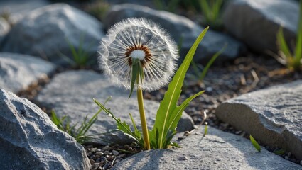 Poster - Dandelion Weed Flourishing Among Decorative Stones in a Garden Pathway Environment