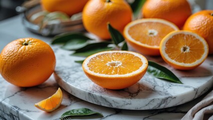 Poster - Freshly Sliced Oranges on a Marble Tray with Green Leaves Perfect for Healthy Recipe or Citrus Product Promotion